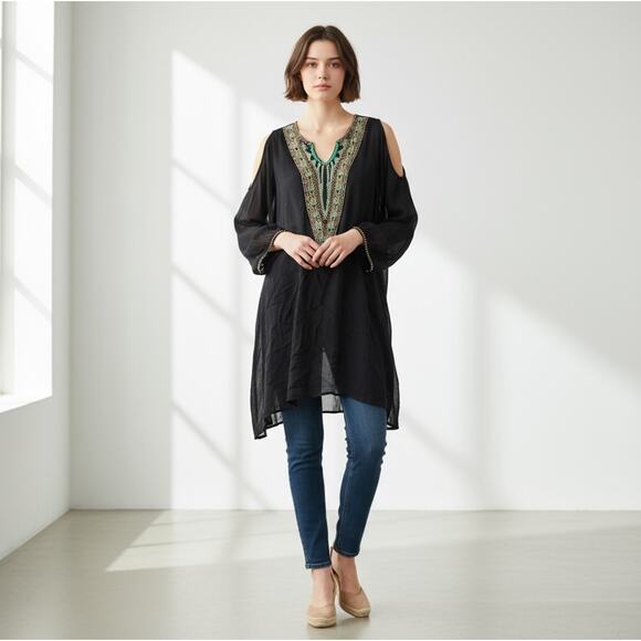 Free People Black XS Beaded Rhinestone Long Sleeve Dress - Picture 1 of 14